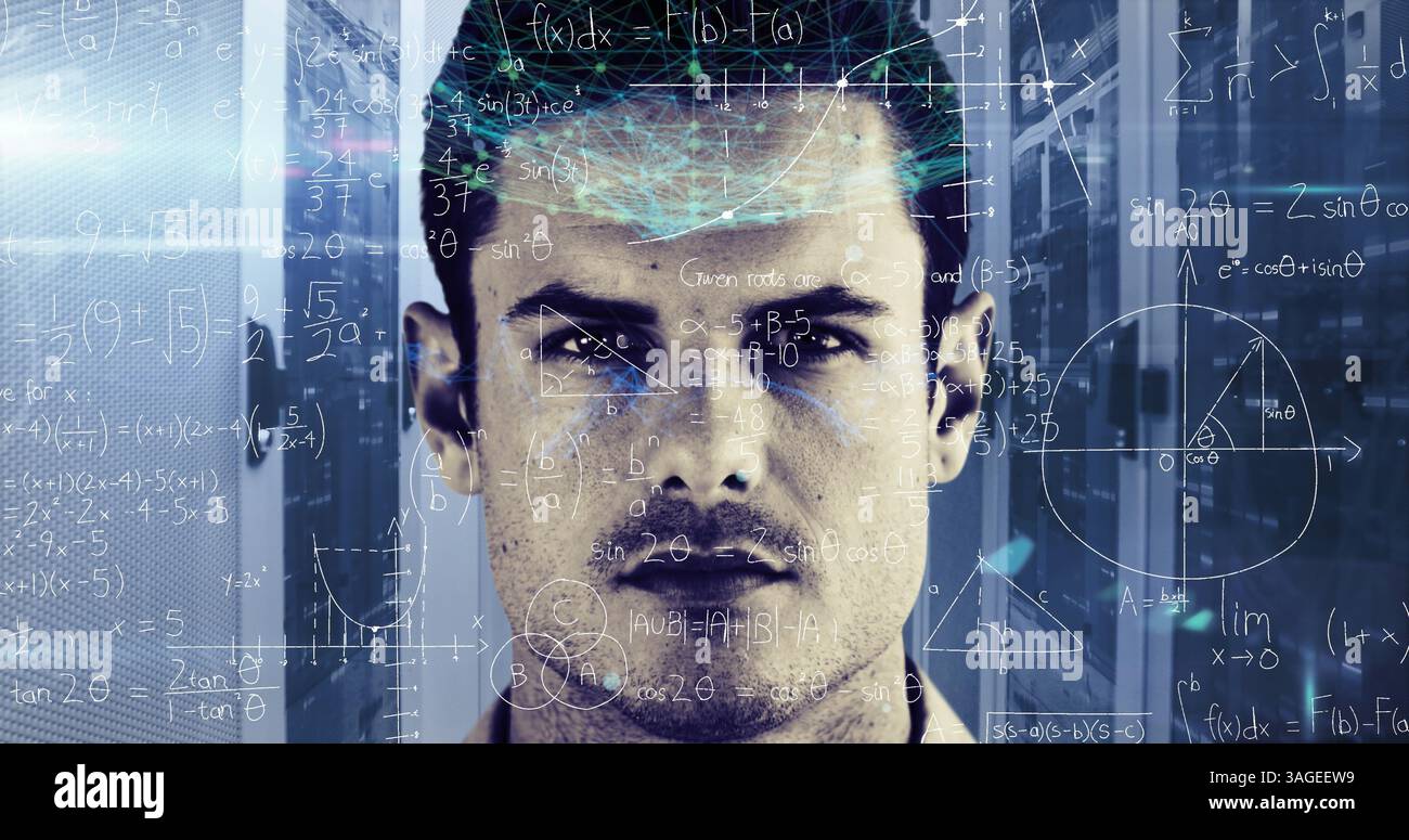 Image of handwritten mathematical equations, data and digital interface ...