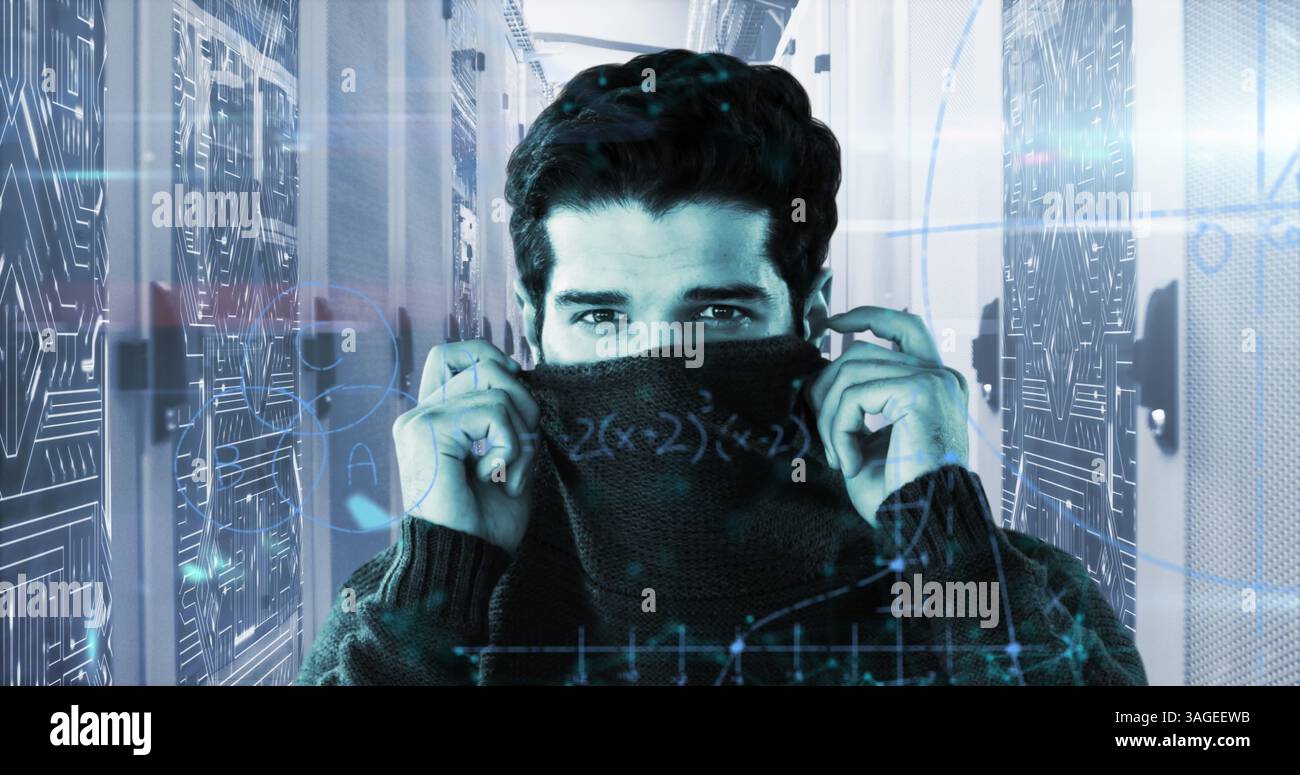 Image of handwritten mathematical equations moving over portrait of man ...