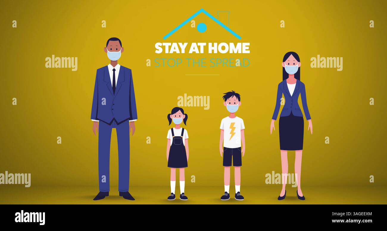 Image of words Stay at Home, Stop the Spread over a family wearing masks on yellow background Stock Photo