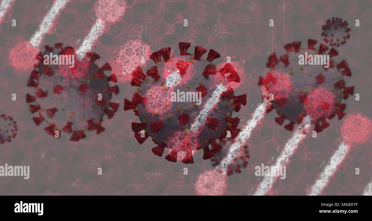 Digital illustration of coronavirus particles with red spikes on textured background Stock Photo
