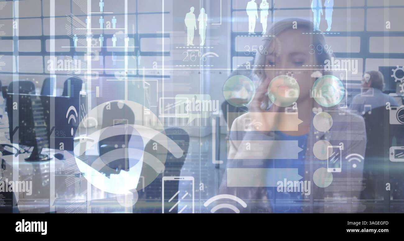 Digital composition of digital icons moving against business people ...