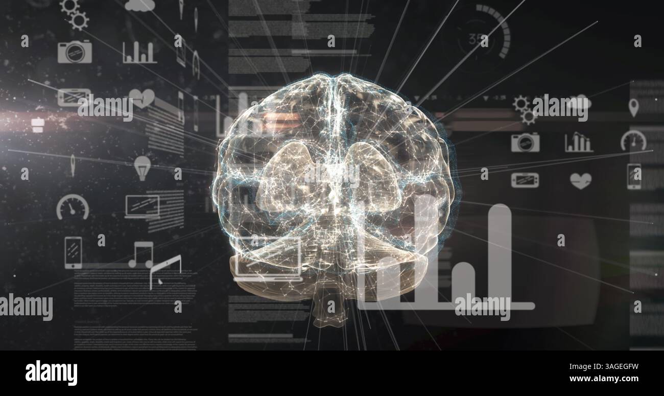 Image of glowing human brain with digital interface data processing Stock Photo