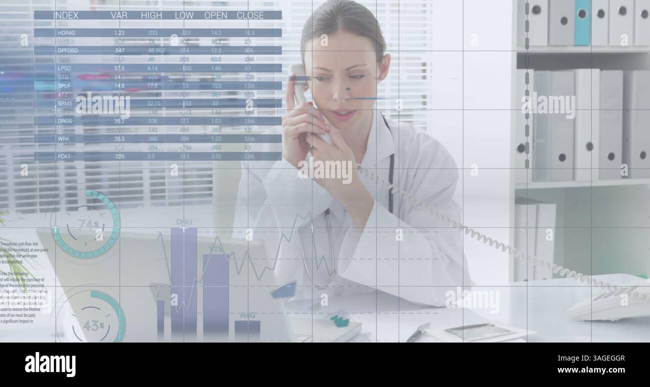 Financial data processing against female caucasian doctor taking notes while talking on phone Stock Photo
