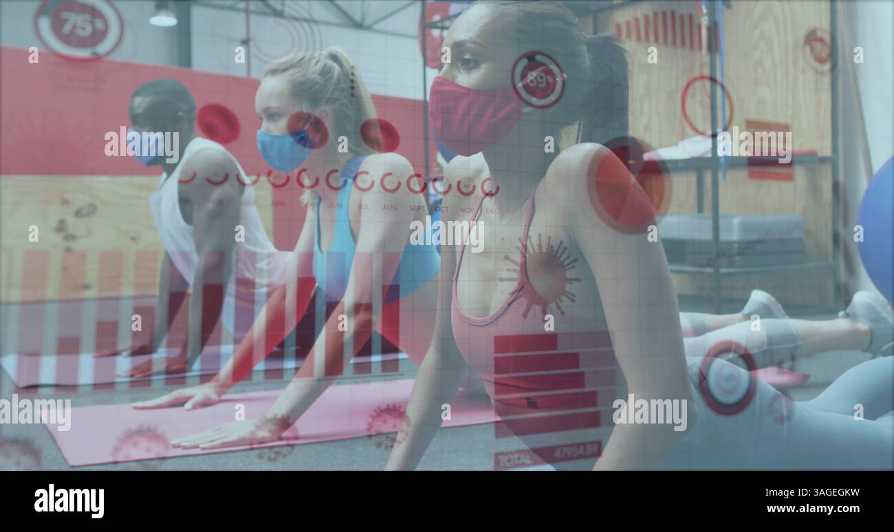 Coronavirus statistical data processing against fit people performing stretching exercise at gym Stock Photo