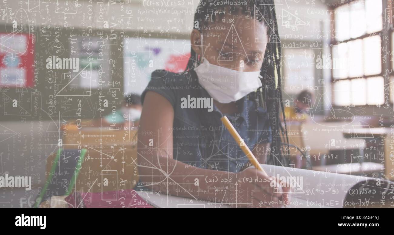 Image of floating mathematical equations over a girl wearing face mask ...