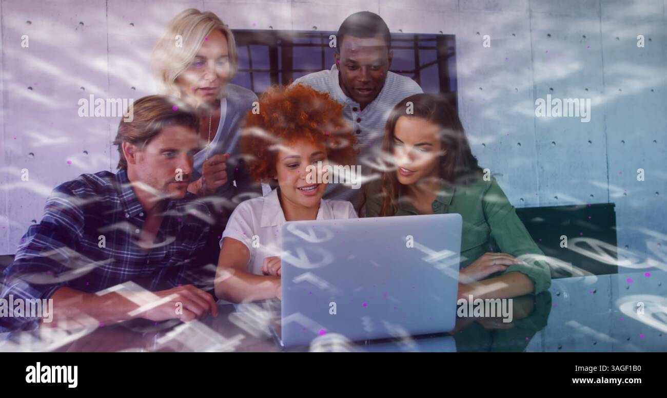 Image of binary coding over group of students using laptop Stock Photo