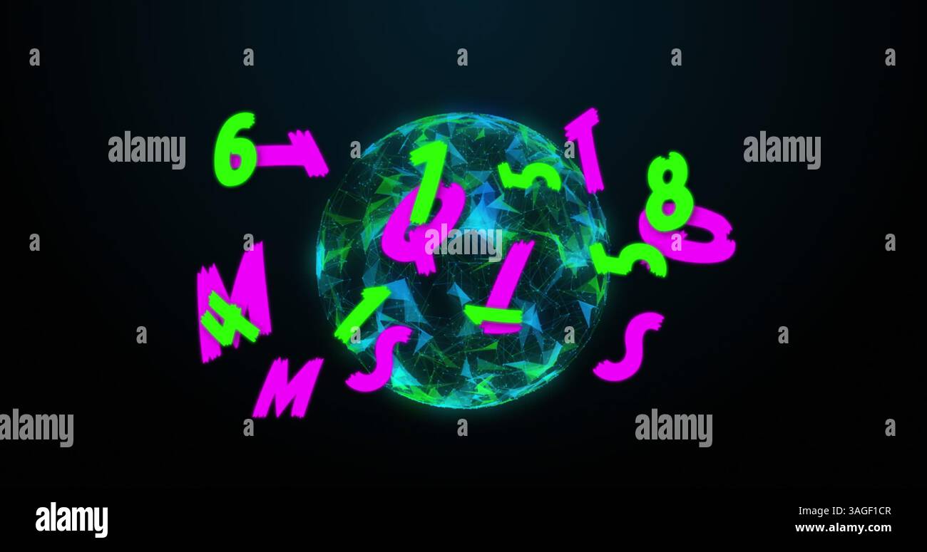 Multiple changing numbers and alphabets against spinning globe of ...
