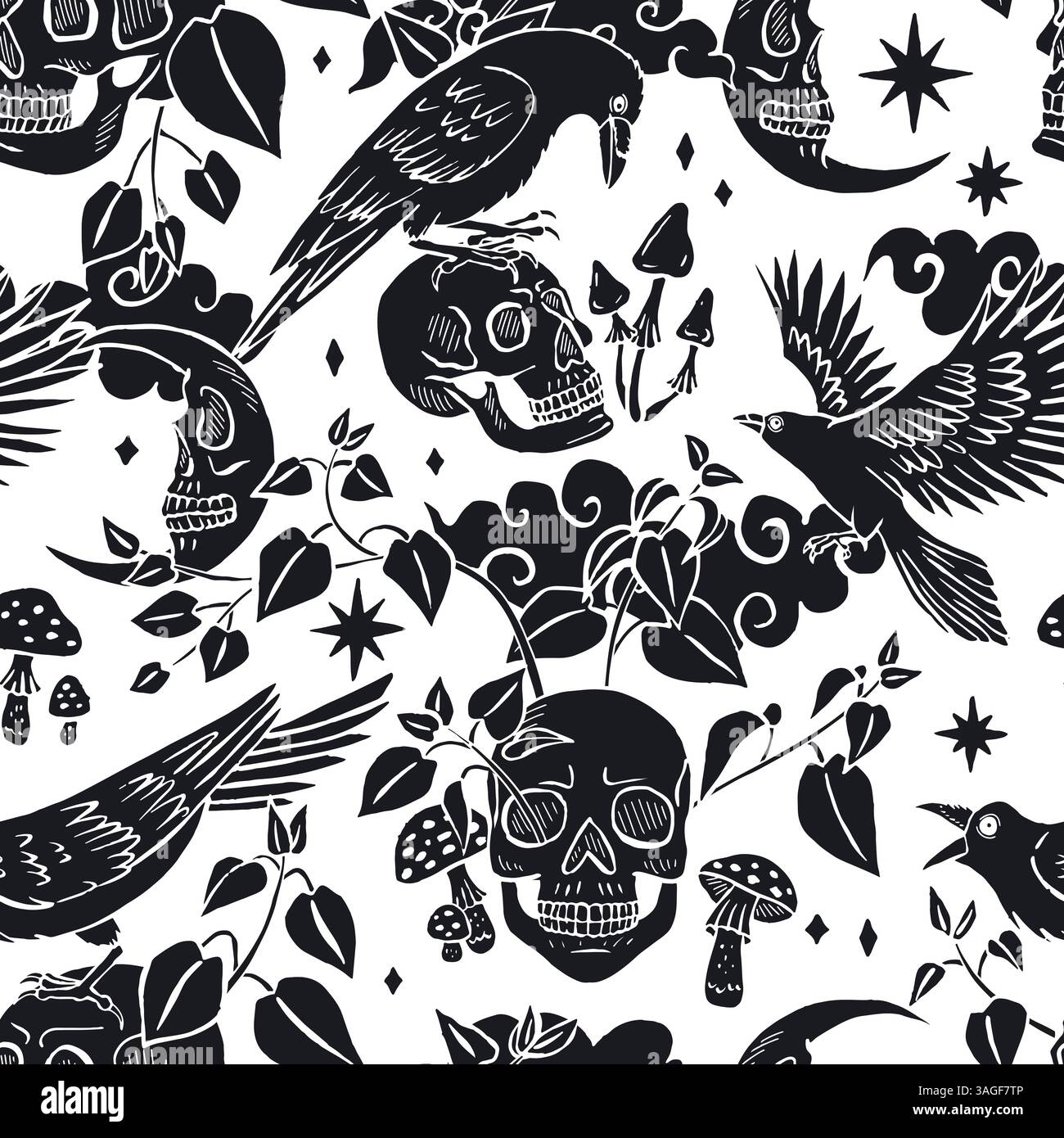Black and white Seamless pattern with hand drawn inky ravens or crows sitting on human skulls Stock Vector