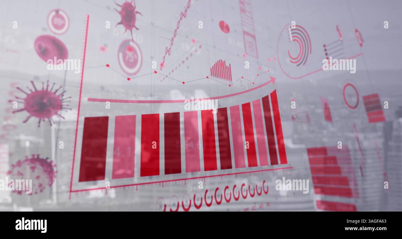 Coronavirus statistical data processing over grid network against cityscape in background Stock Photo