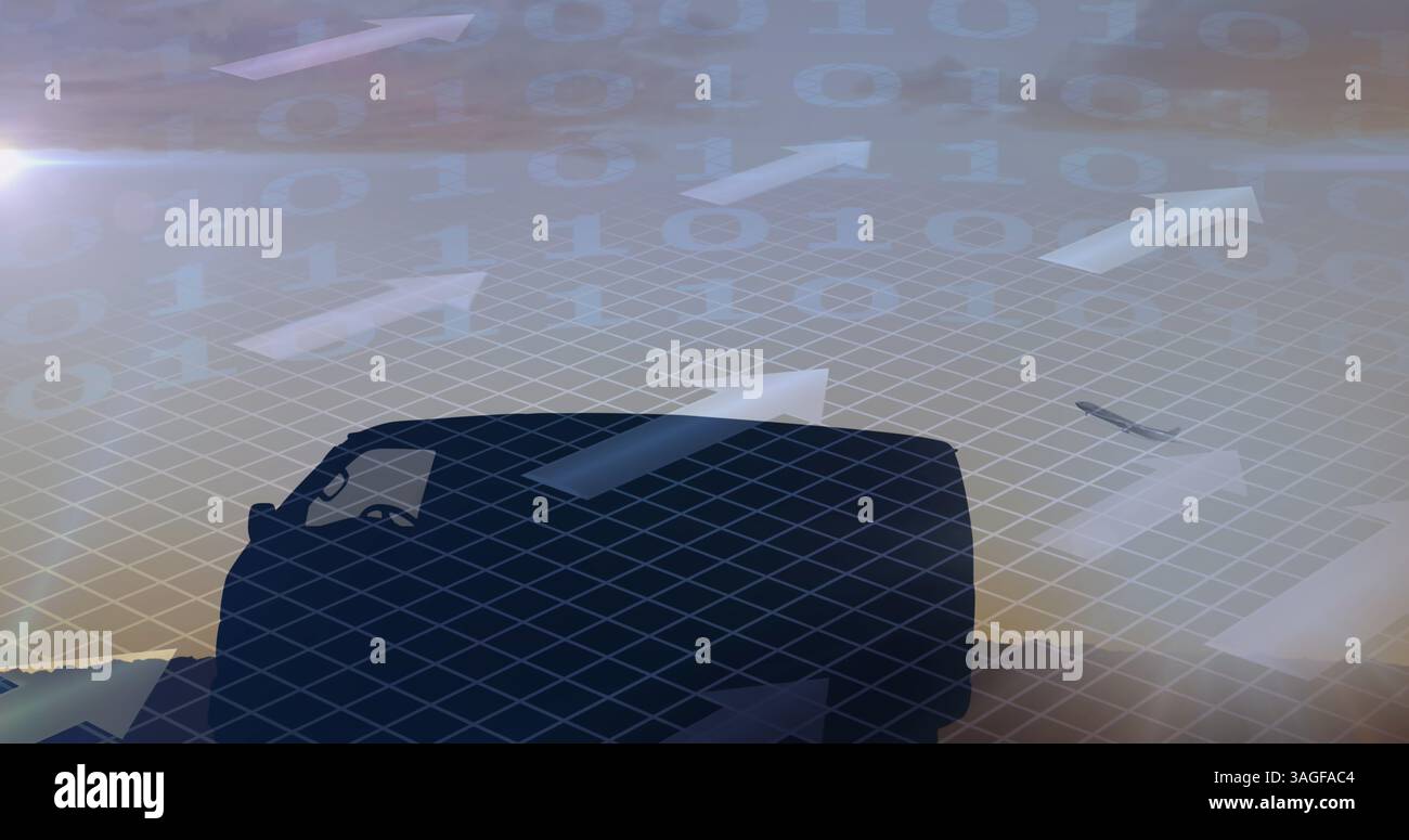 Image of white arrows, binary coding, van and delivery man with cardboard boxes Stock Photo