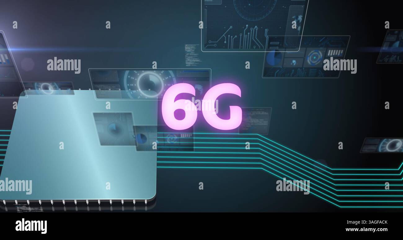 Image of 6g text, data processing and scopes scanning on screens over computer processor Stock Photo