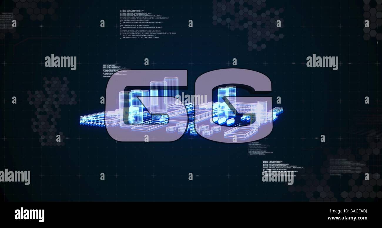 Image of 6g text, data processing and computer processor spinning Stock Photo