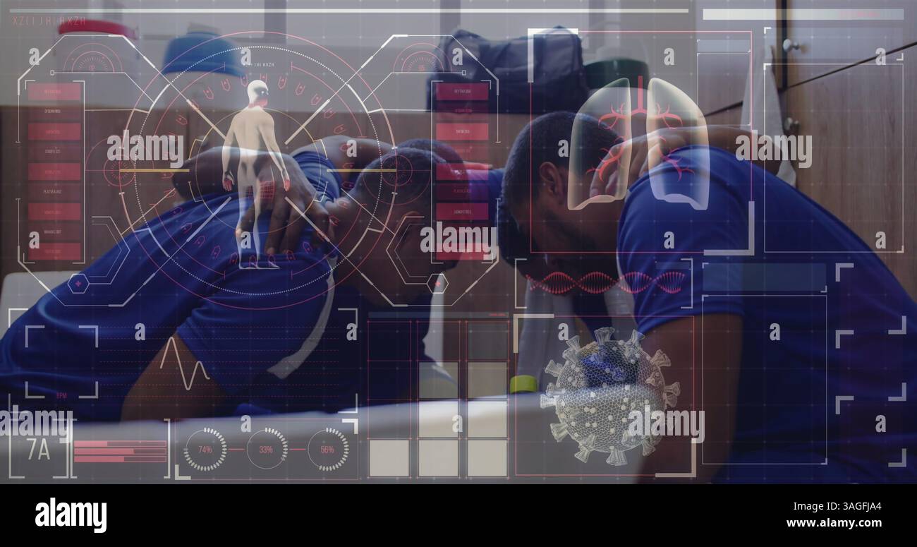 Digital interface with data processing against team of male soccer ...