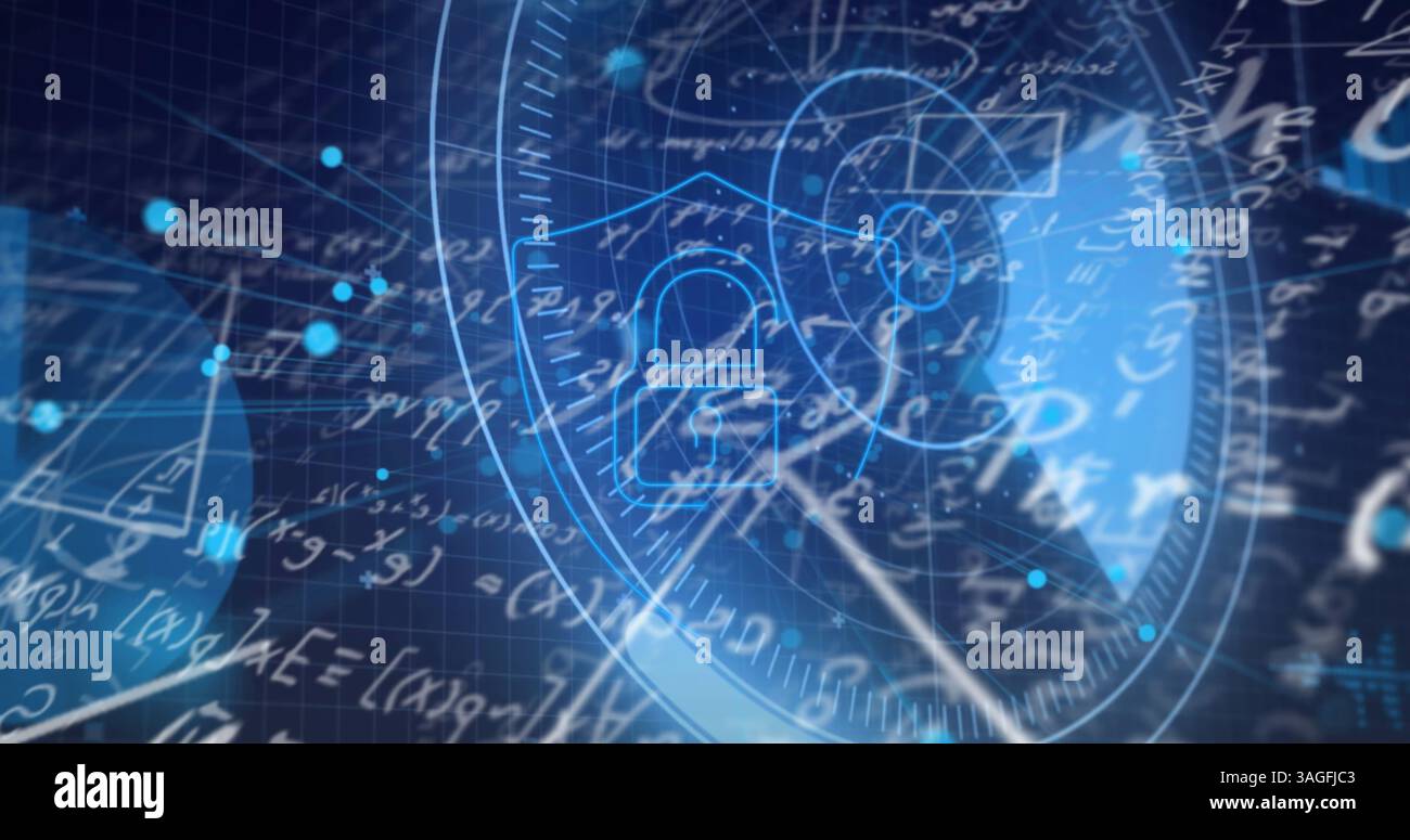 Image of mathematical equations over digital icons on black background ...
