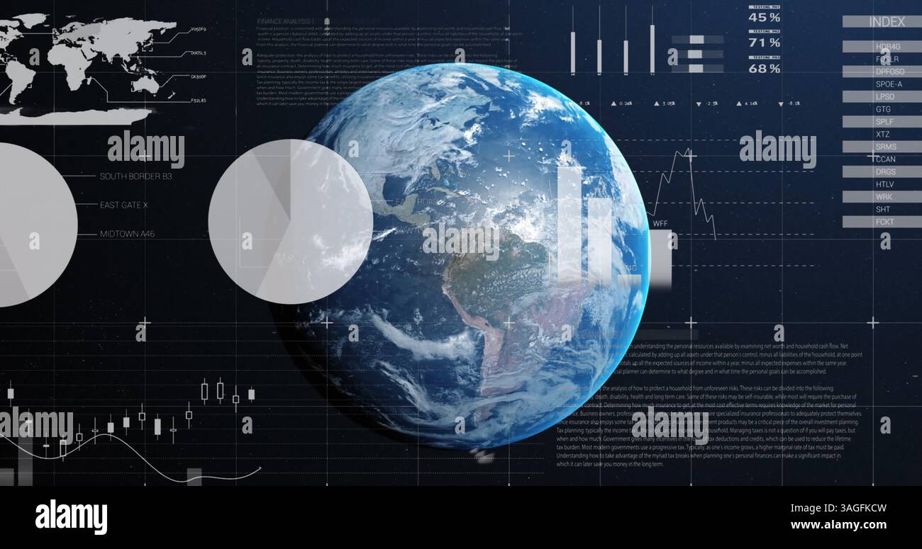 Image of statistics and financial data processing over globe Stock Photo