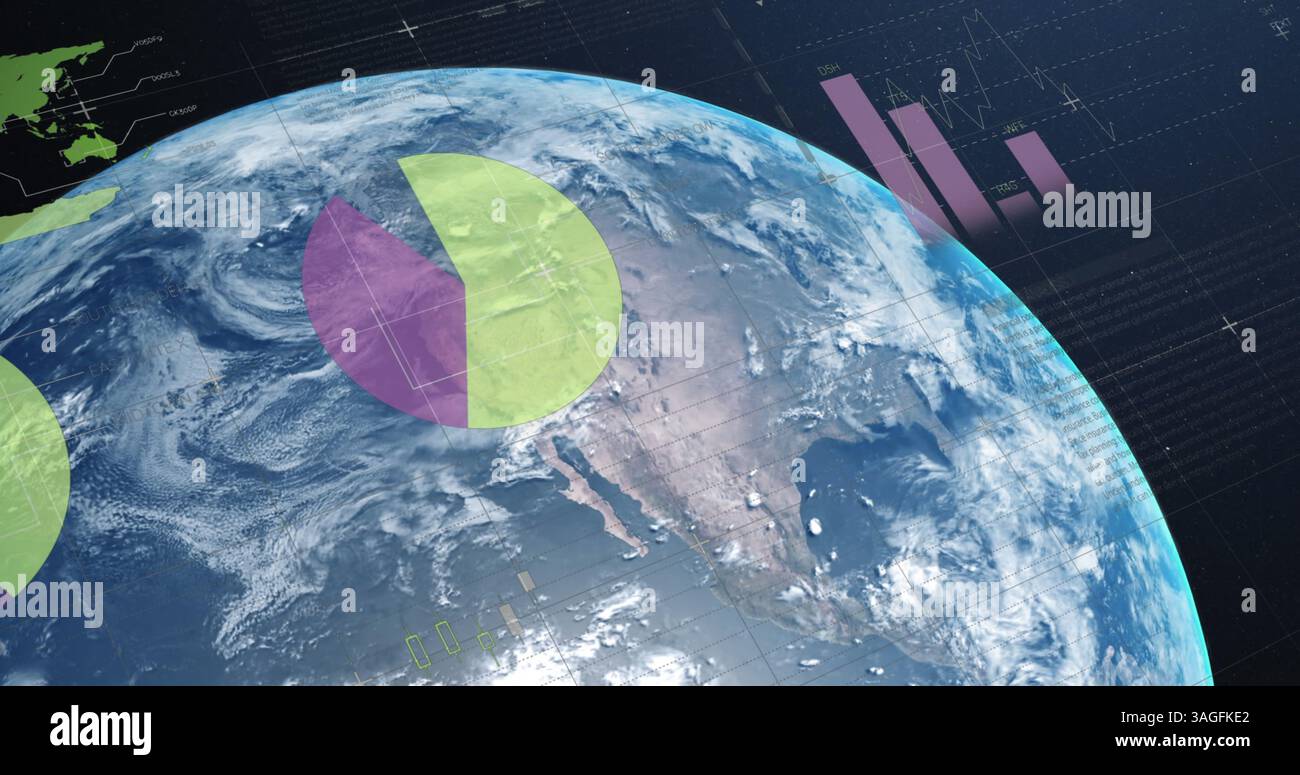 Image of statistics and financial data processing over globe Stock Photo