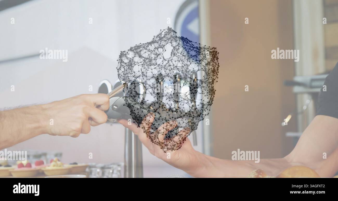 Image of network of connections with security shield over people using ...