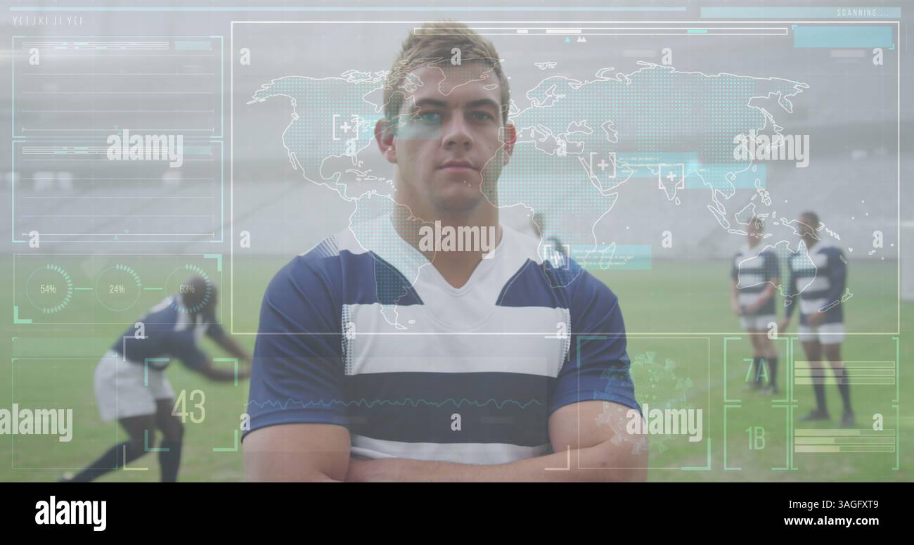 Rugby player in uniform standing confidently on field with digital ...