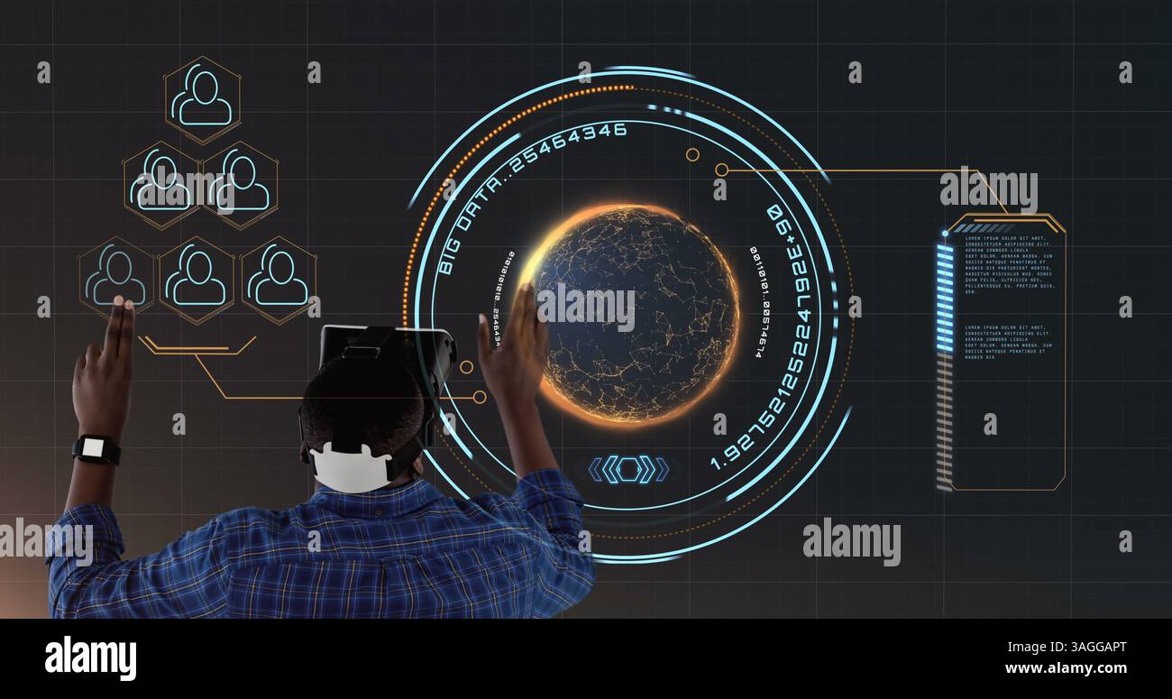 Interacting with virtual interface, person using VR headset over digital globe image Stock Photo