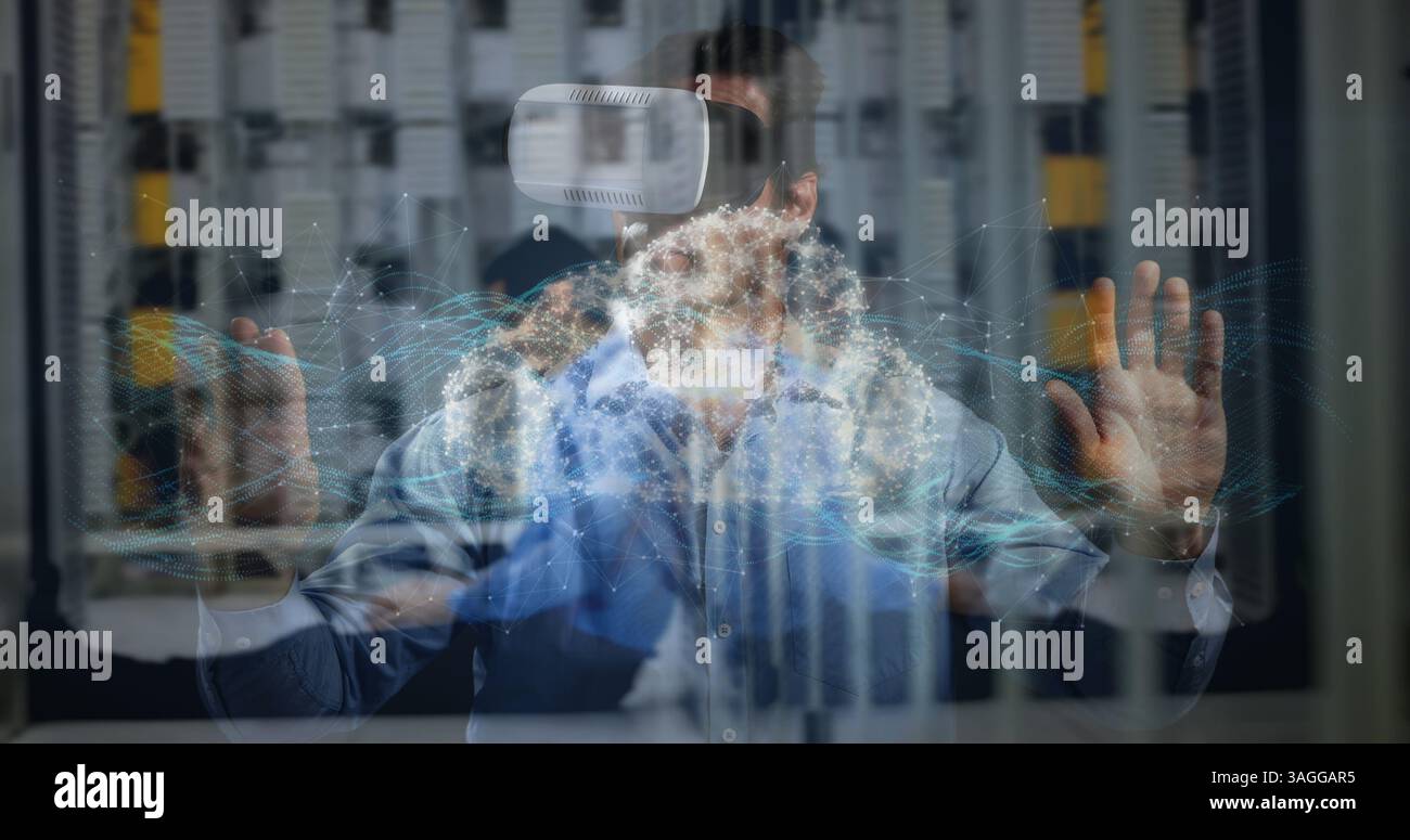 Digital composite of businessman using VR, touching screen and having a digital cloud image appear, Stock Photo