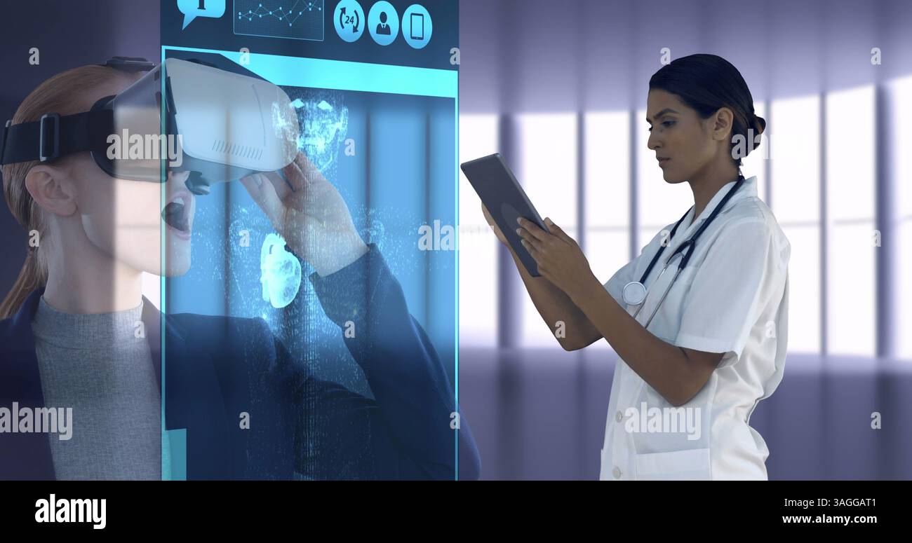 Doctor using tablet, virtual reality image over medical professional examining data Stock Photo