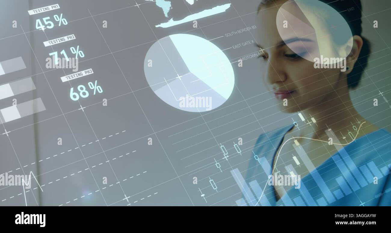 Statistical data processing against female health worker using smartphone on white background Stock Photo