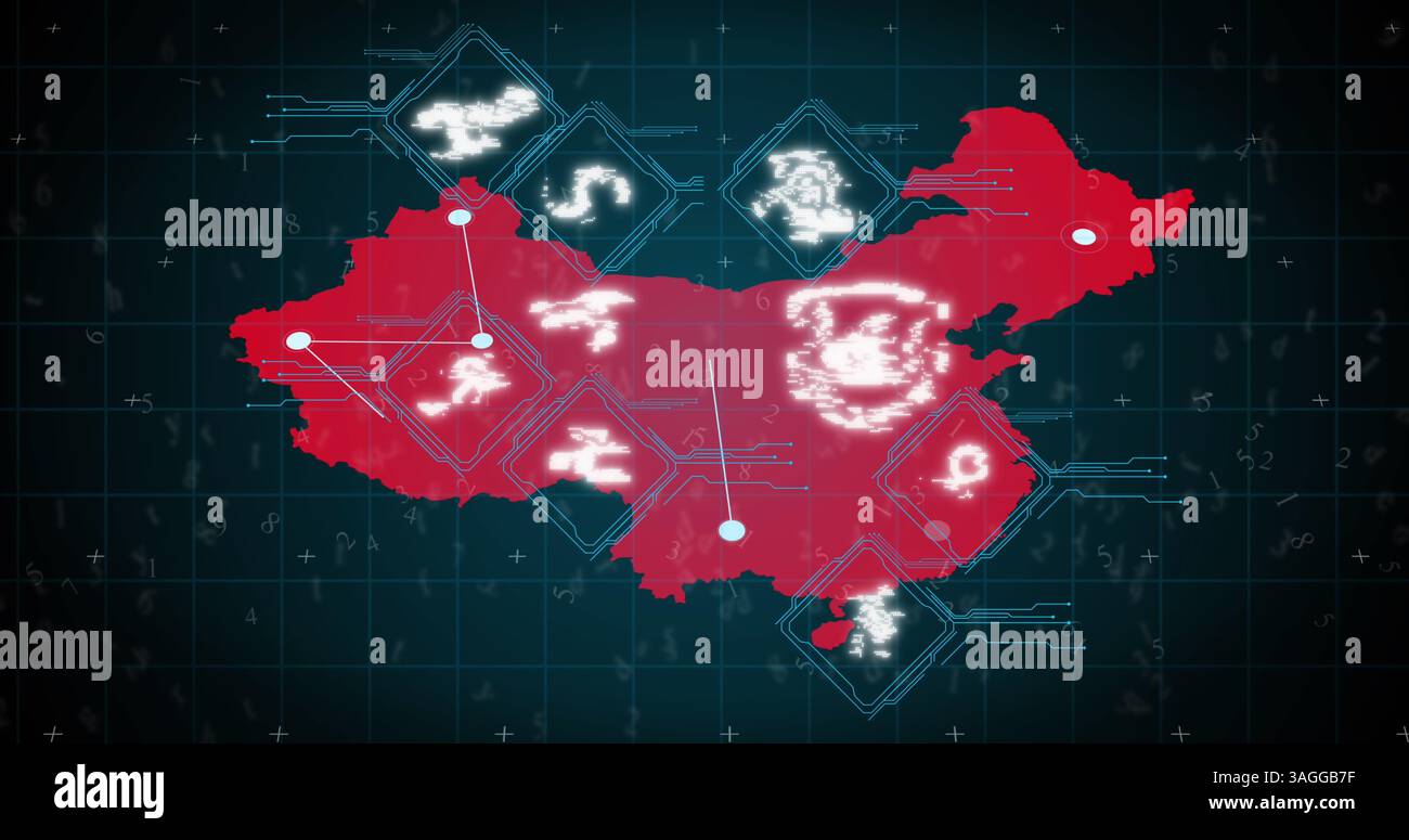 Image of digital interface showing red map and network of connected ...