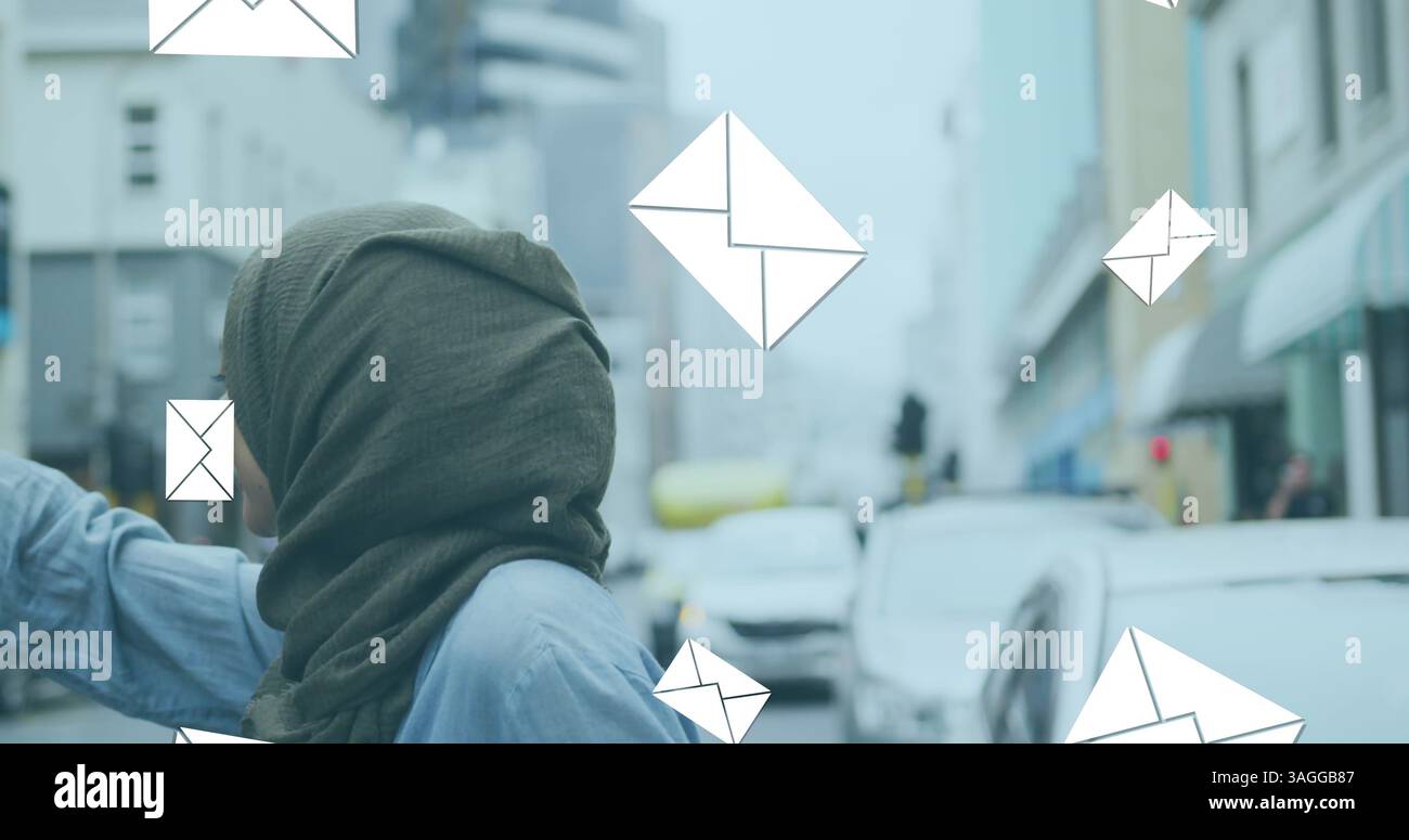 Image of floating mail icons with woman in hailing taxi in street Stock ...
