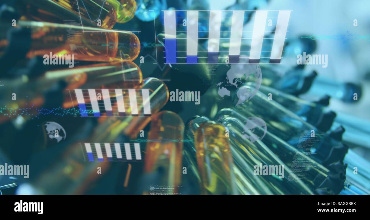 Image of statistics recording and data processing over scientific laboratory Stock Photo