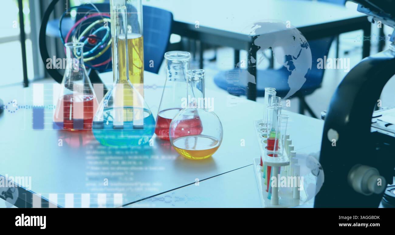 Image of globe and scientific data processing over laboratory Stock Photo