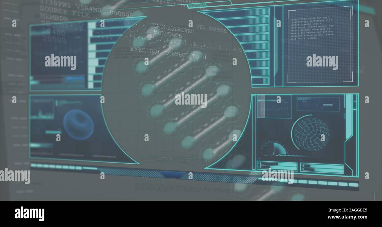 Image of dna strand spinning and medical data processing on digital screens over binary coding Stock Photo