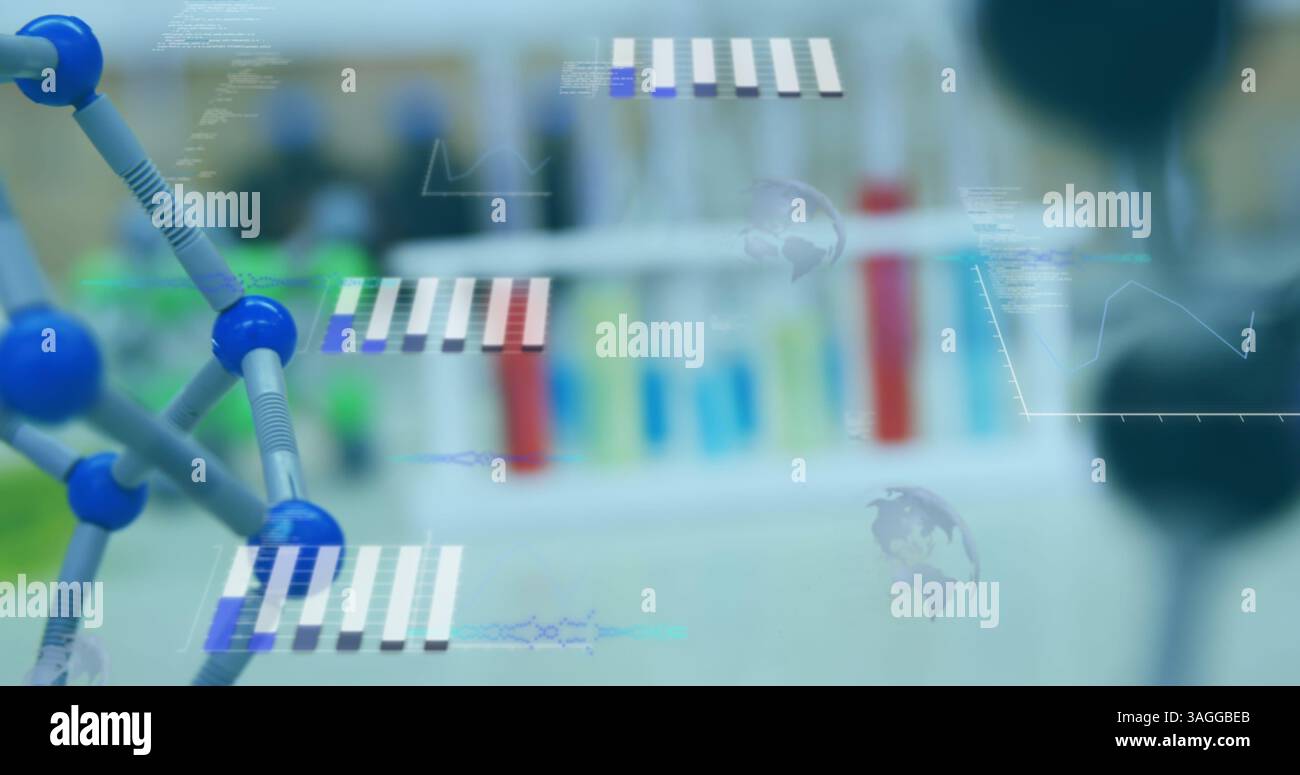Image of statistics recording and data processing over scientific laboratory Stock Photo