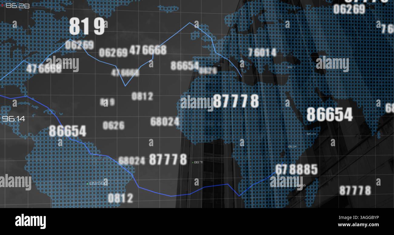 Image of numbers changing and data processing over world map and cityscape Stock Photo