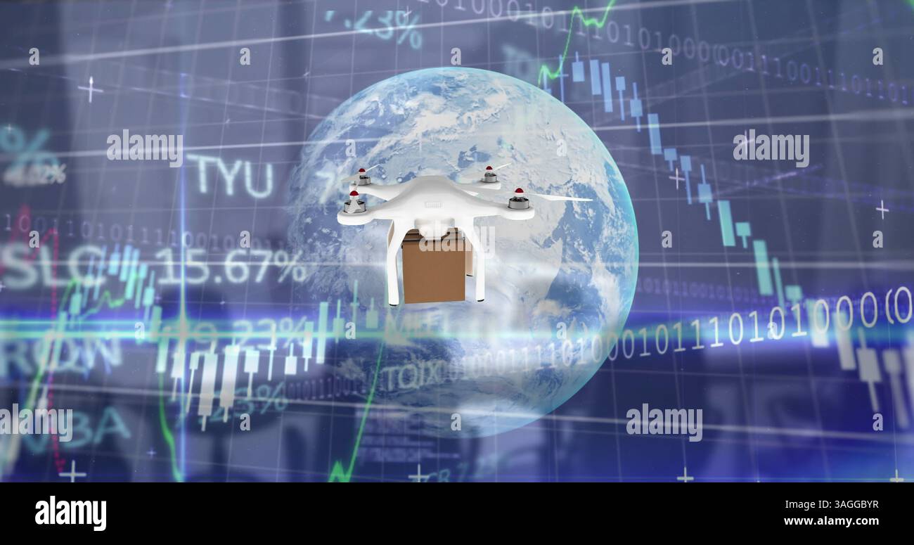 Image of drone carrying cardboard box and data processing over empty office Stock Photo