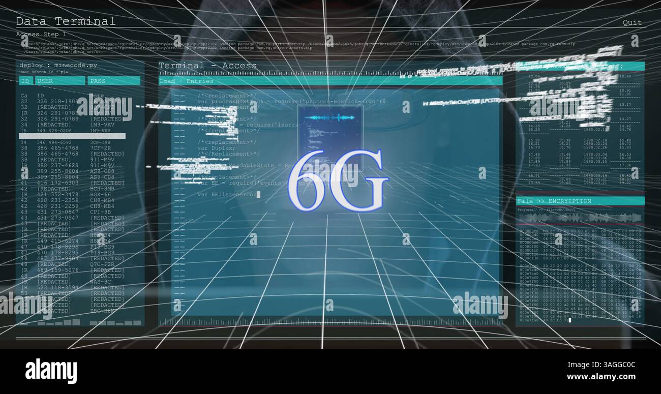 6g text over screen with data processing against male hacker using computer Stock Photo
