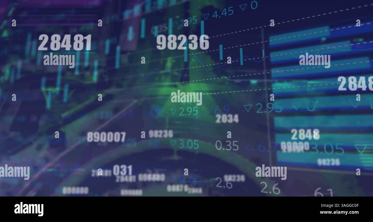 Image of numbers changing and data processing over cityscape Stock Photo