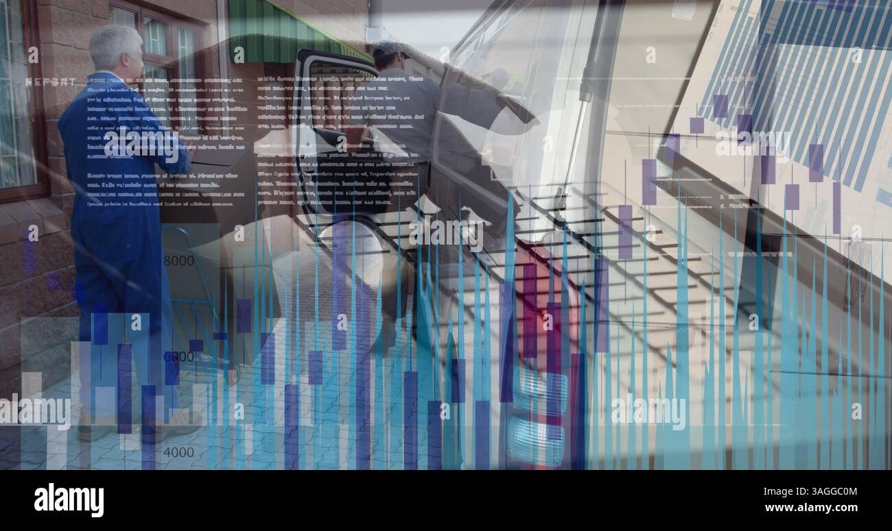 Financial data processing over person using laptop against delivery man delivering package Stock Photo