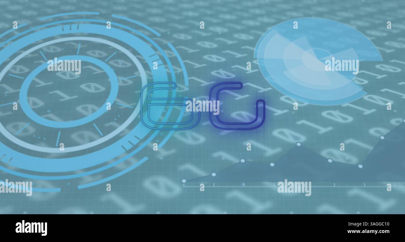 Image of 6g text over scopes scanning and binary coding in background Stock Photo