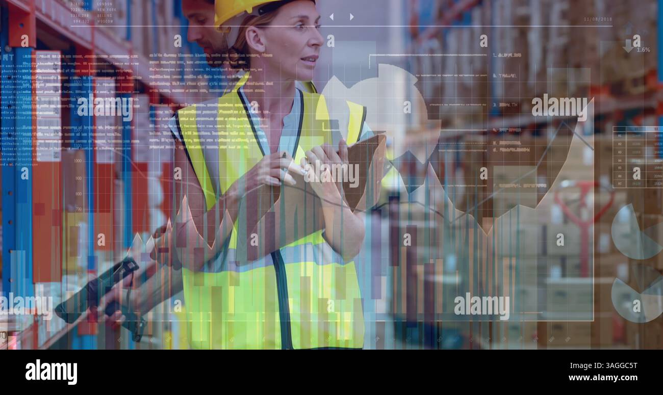 Financial and statistical data processing against female worker checking stock in warehouse Stock Photo