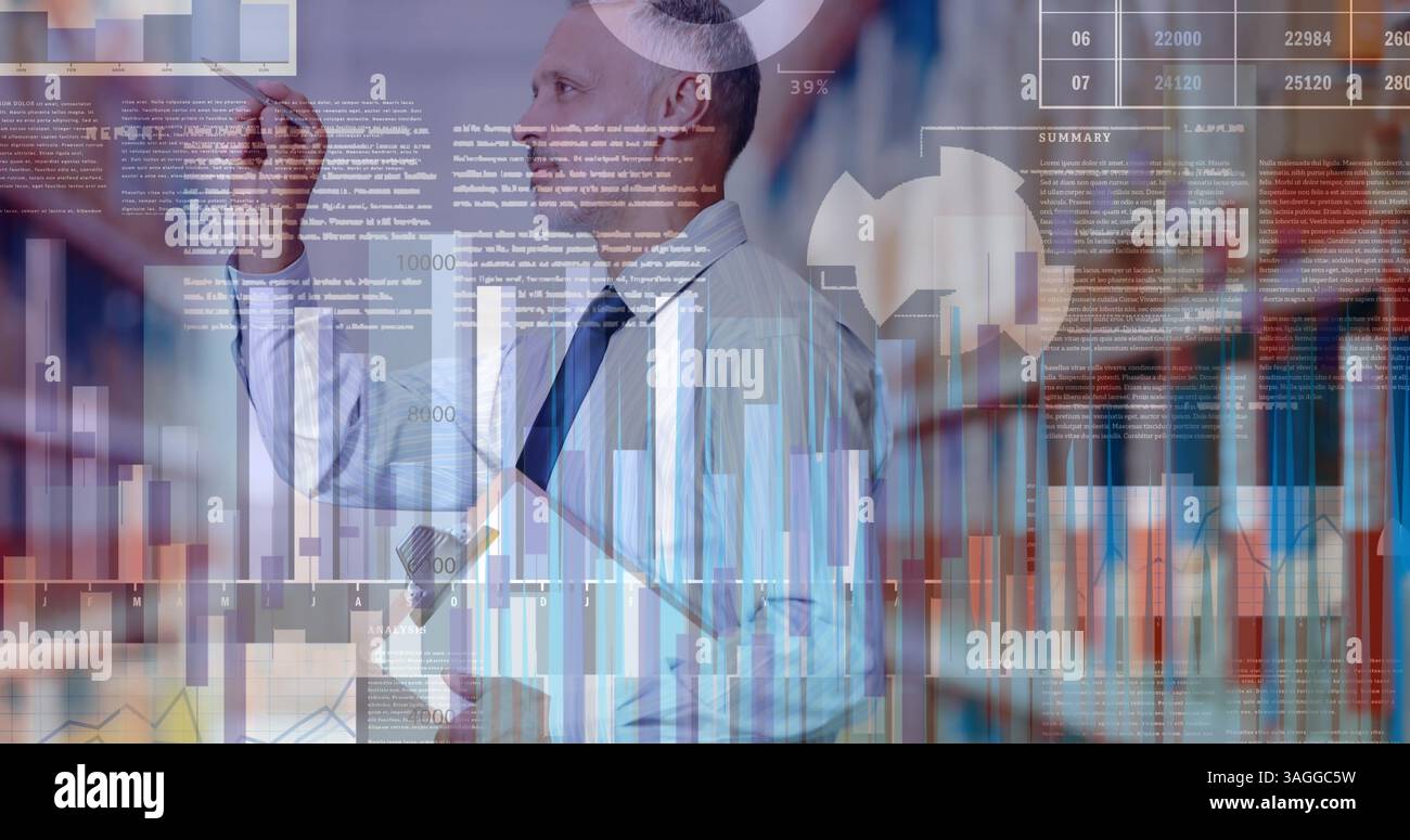 Financial and statistical data processing against male supervisor checking stock in warehouse Stock Photo