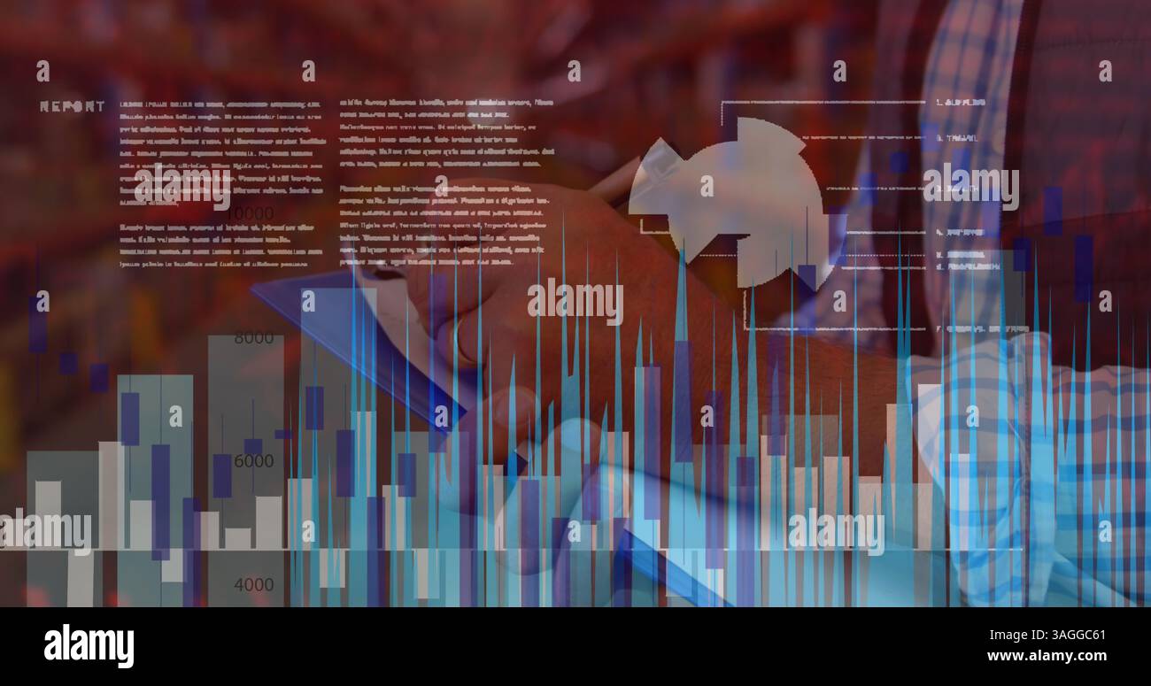 Financial data processing against mid section of man taking notes on clipboard Stock Photo