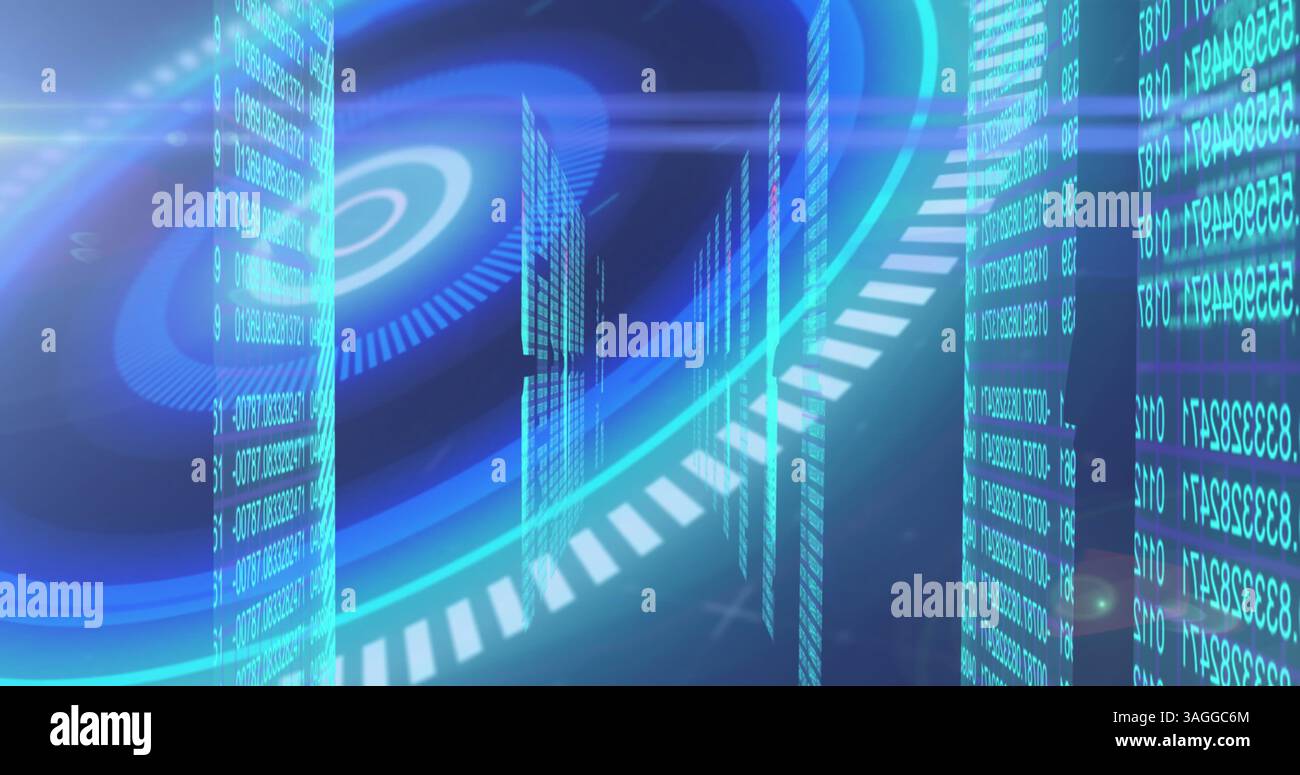 Image of scope scanning over numbers processing on blue background Stock Photo