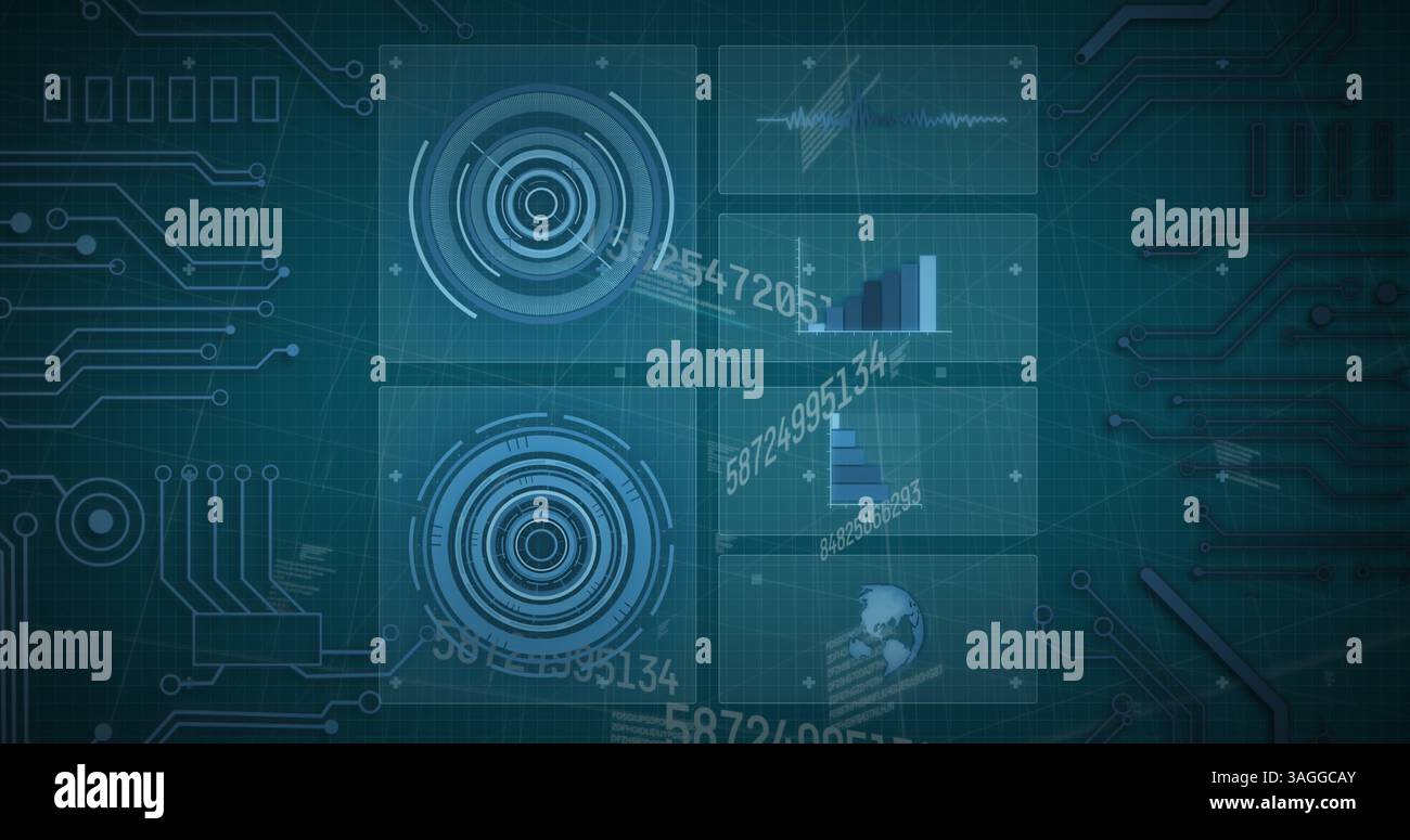 Image of scope scanning, numbers changing and data processing Stock Photo