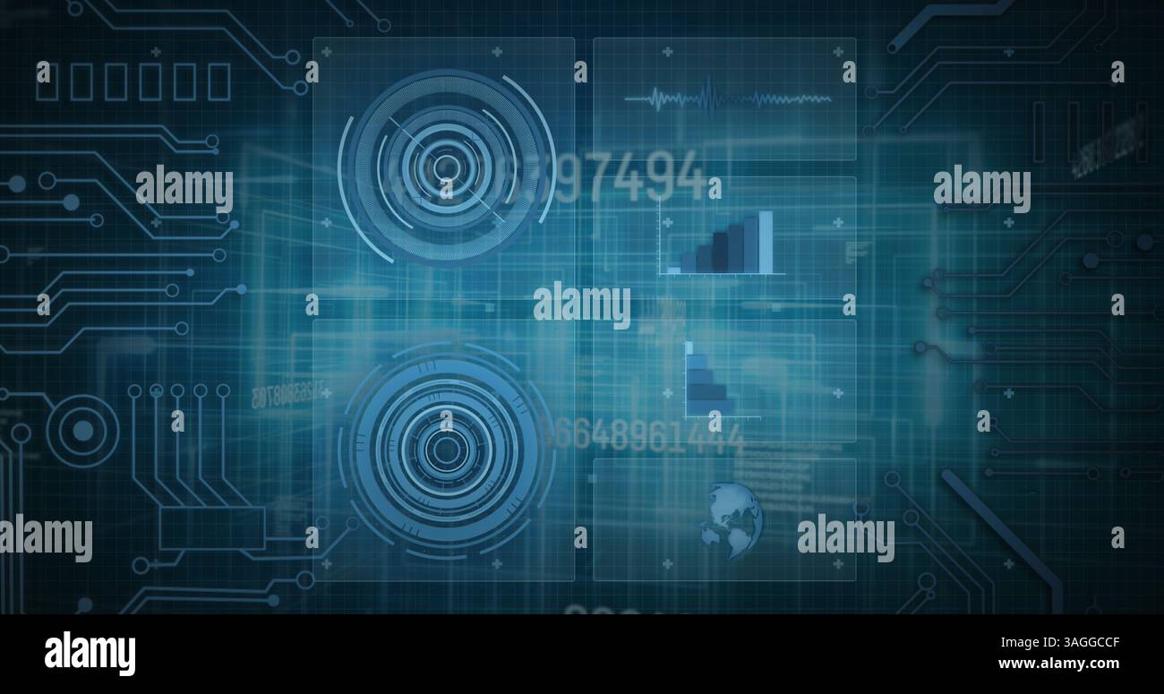 Image of scopes scanning, numbers changing and data processing Stock Photo