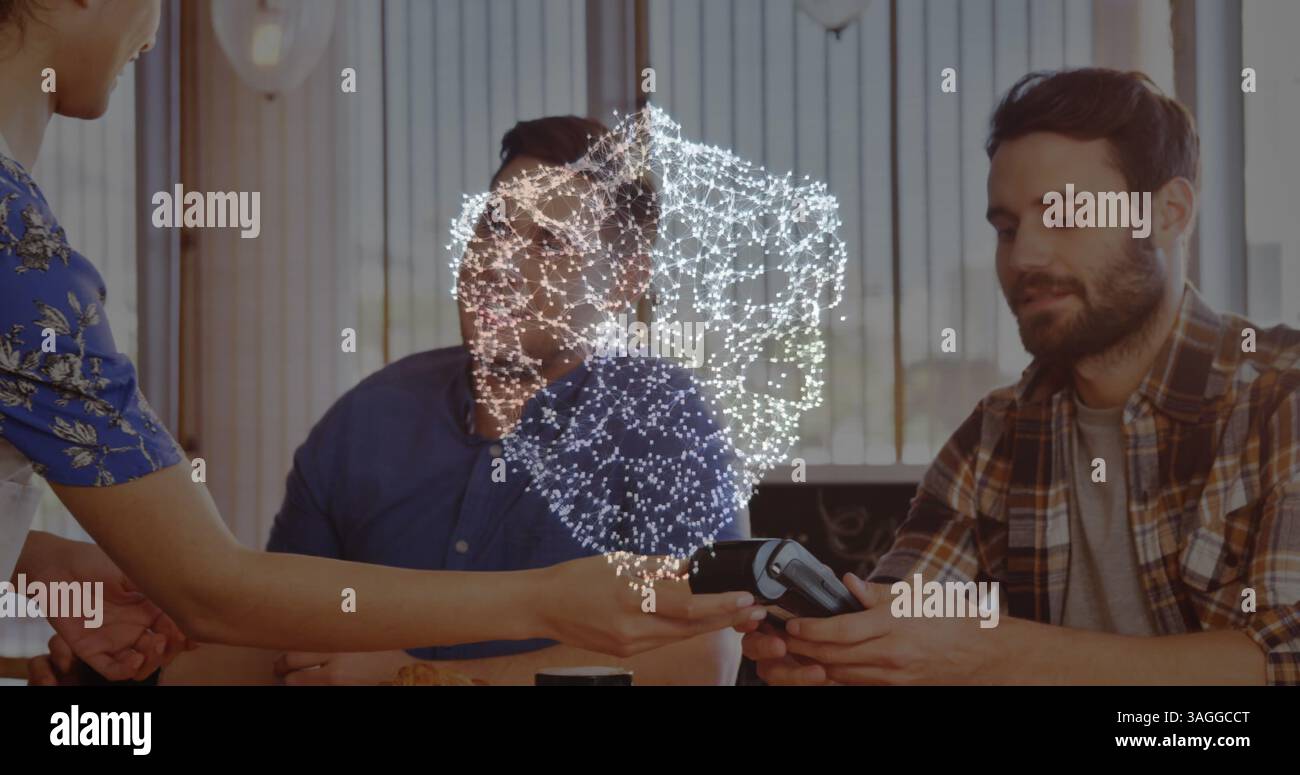 Image of network of connections with security shield over people using ...