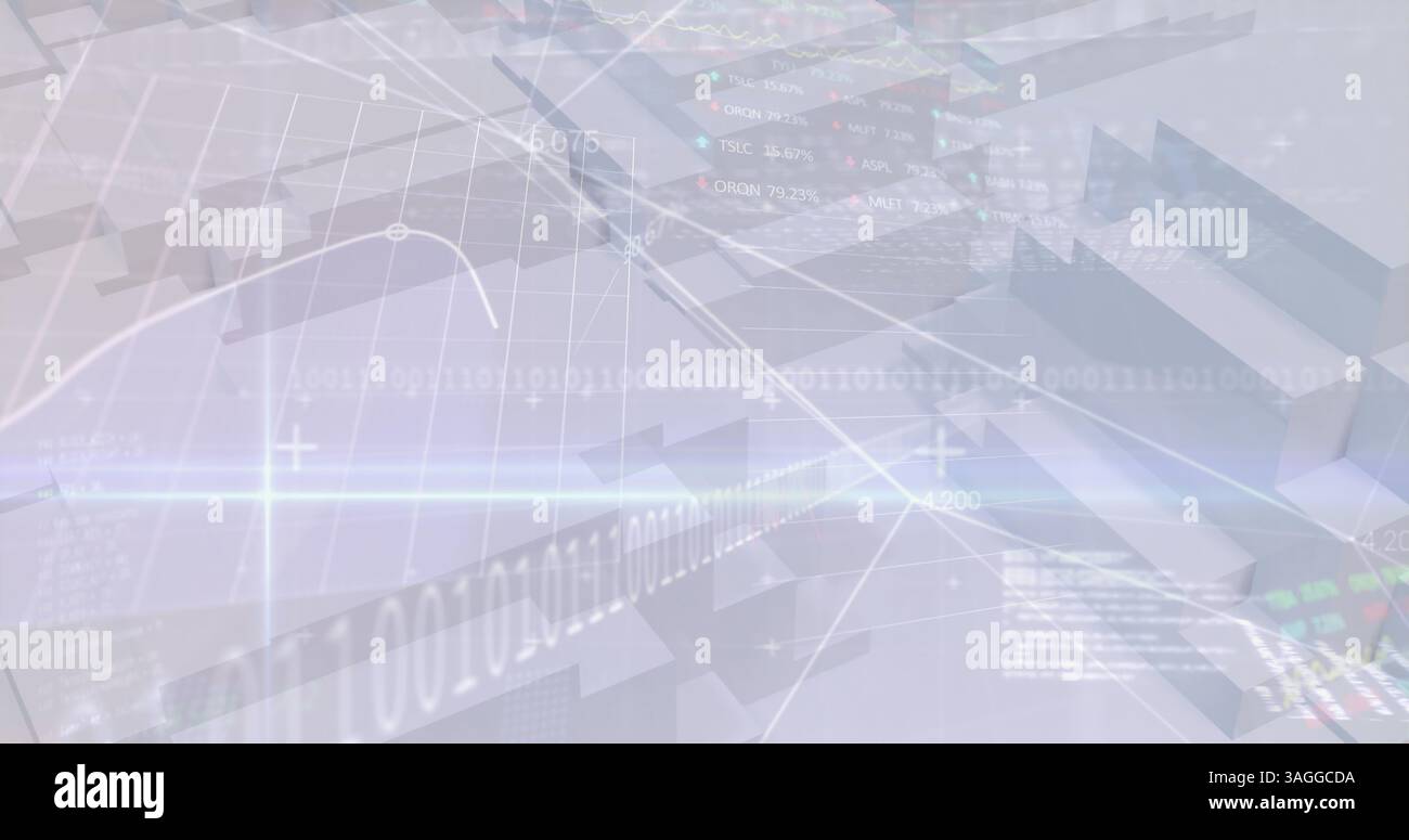 Image of financial data processing and binary coding on digital screen Stock Photo
