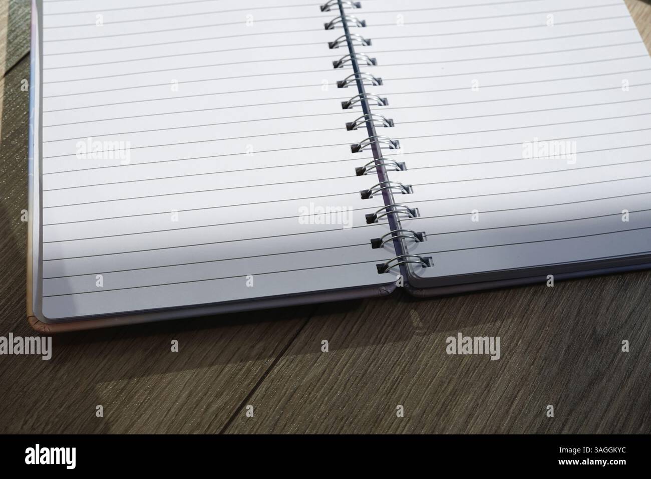 empty blank pages sheets opened notebook on wooden background office work study write diary school Stock Photo