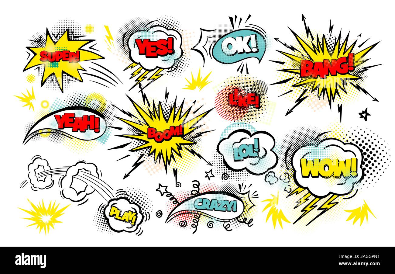 Set of colors comic speech bubbles stickers with text. hand drawing ...