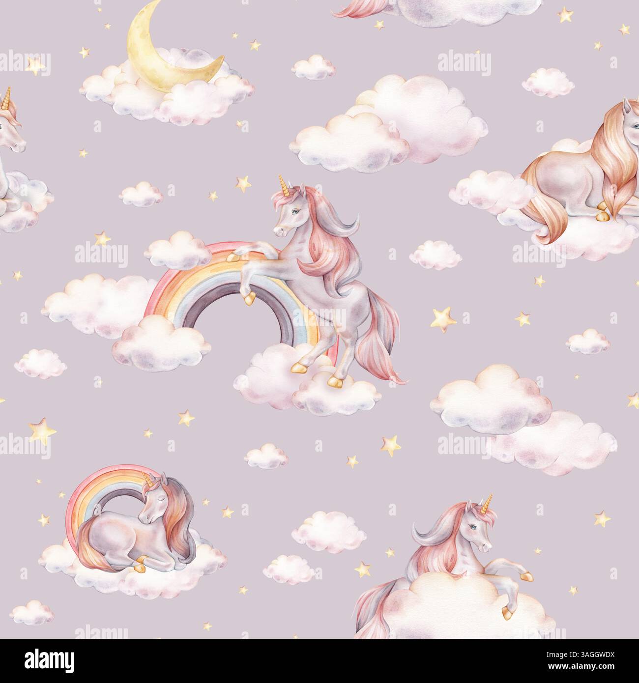 Seamless watercolor pattern with Unicorn and yellow stars, and clouds ...