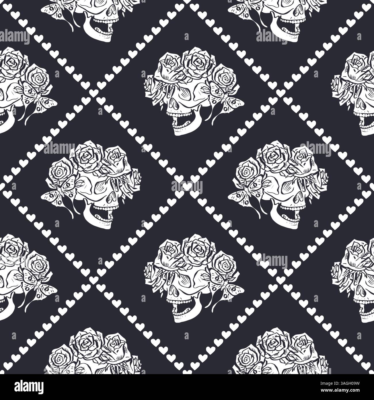 Seamless pattern with hand drawn black and white human skulls and rose flower wreath inside trellis Stock Vector
